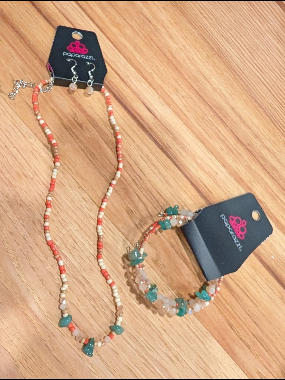 paparazzi Coral, Cream & Turquoise Bead Necklace and Coil Bracelet Set